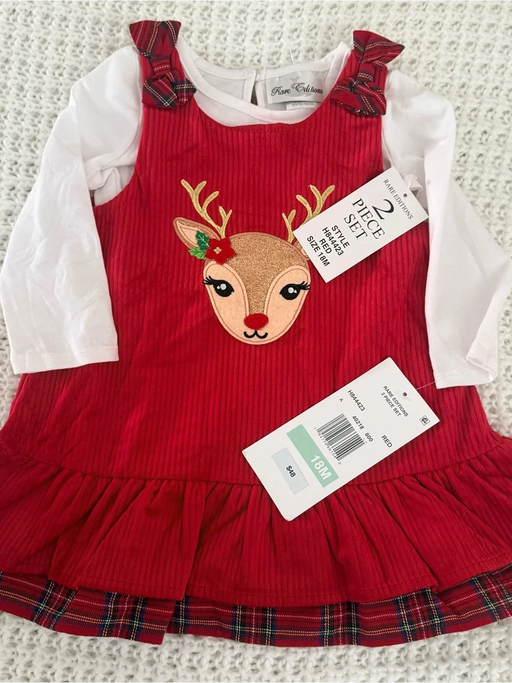 Rare Editions Baby Girls 2-Piece Reindeer Corduroy Dress Set in red/white Sz 18